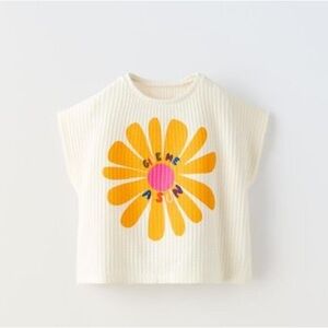 Zara Girls White Top with Yellow Flower Graphic Tee Sun Emroidered